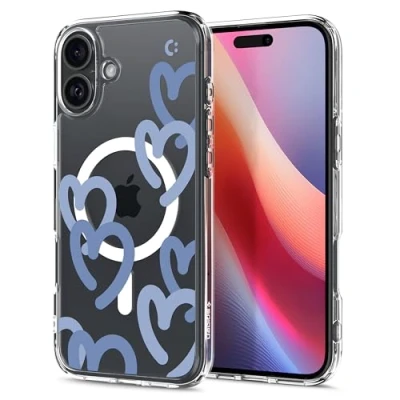 Afbeelding van Spigen Ultra Hybrid MagFit Hoesje Geschikt voor Apple iPhone 16 Compatibel met MagSafe Back Cover Hearts Denim