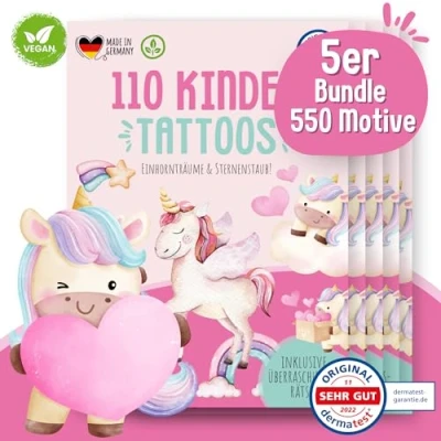 Afbeelding van MeinBaby123® 550 stuks huidvriendelijke eenhoorn tatoeages, eenhoorngeschenken, huidtatoeages voor meisjes, prinses en fee, klein cadeau kinderverjaardag, veganistisch gemaakt in