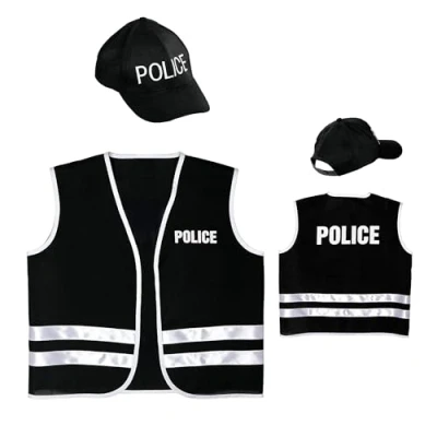 Afbeelding van Widmann Politie &amp; Detective Kostuum Zwart Politievest Met Cap Kind Maat 140 Carnavalskleding Verkleedkleding