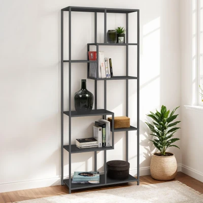 Image de Etagère bibliothèque asymétrique 8 niveaux DAVIS en métal noir mat design industriel 161 cm