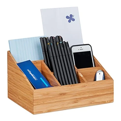 Afbeelding van relaxdays Bureau organizer bamboe 6 vakken pennenbak houten