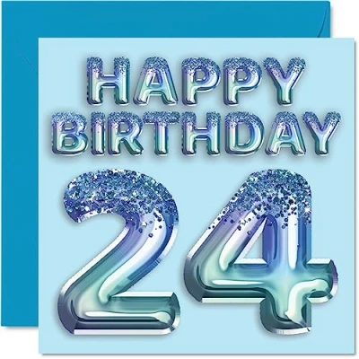 Afbeelding van Verjaardagskaart voor mannen, 24 jaar, blauwe glitterballonnen, verjaardagskaarten broer, zoon, neef, oom, 145 mm x