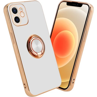 Afbeelding van Cadorabo Hoesje geschikt voor Apple iPhone 12 in Glossy Wit Goud met ring Beschermhoes van flexibel TPU silicone Case Cover camerabescherming en magnetische autohouder