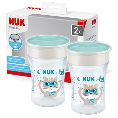 Afbeelding van NUK Magic Cup leerbeker, 360 lekvrije rand, 8+ maanden, BPA vrij, 230 ml, kat (blauw)