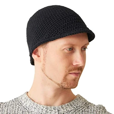 Afbeelding van CHARM Heren Kufi Beanie muts Billed Skull Cap 100% katoen gehaakte chemo hoed, zwart