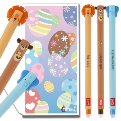 Afbeelding van Tinte Ink Legami Lot de 3 stylos effaçables avec jolie enveloppe (éléphant, lion, ourson)