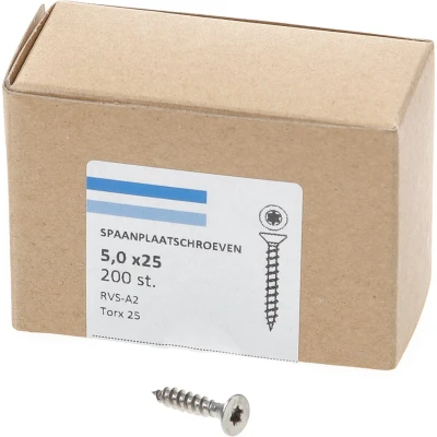 Afbeelding van Spaanplaatschroef RVS 5,0 x 25 mm, Torx25 (200 stuks)