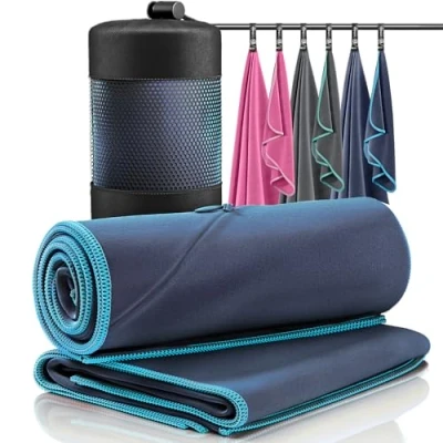 Afbeelding van Microvezel Handdoek draagtas Set van 2 Klein &amp; groot: Voor de douche Lichtgewicht, absorberend, compact Sneldrogend Sport Camping Reizen Strand (blauw)