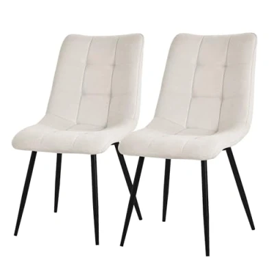 Afbeelding van Eetkamerstoelen set van 2 beige keukenstoelen met polyester hoes en stalen poten ML design