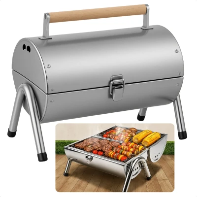 Afbeelding van Cheqo® Draagbare Houtskoolbarbecue Tafelmodel BBQ Houtskool Tafelgrill Barbecue Compact voor Balkon en Camping RVS Design