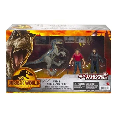Afbeelding van Jurassic World Owen en Velociraptor Blue achtervolgset, 3 beweegbare figuren, authentieke figuren om te verzamelen, fysiek digitaal spel, speelgoed voor kinderen, vanaf 4 jaar, GWN25