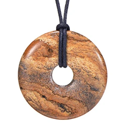 Afbeelding van Morella Dameshalsketting 80 cm met donuthanger, edelsteen in kleine tas, textiel, jaspis, Jasper