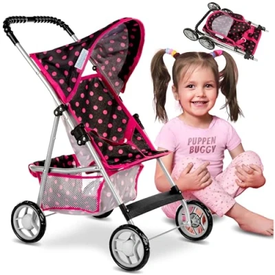 Afbeelding van Kinderplay Poppenkinderwagen vanaf 3 jaar, pop met veiligheidsgordel en boodschappennet, kinderwagen gemakkelijk te hanteren wielen zachte handgreep, voor poppen 4 jaar