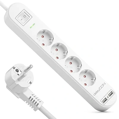 Afbeelding van deleyCON 5 m stekkerdoos met 4 vakken USB, x geaarde stopcontacten, 2 USB A oplaadaansluiting, bijv. mobiele telefoon en tablet, overspanningsbeveiliging, aan/uit knop, wit