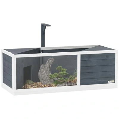 Afbeelding van PawHut Schildkrötenhaus aus Holz, Schildkrötengehege mit zwei Haupthäusern, aufklappbarem Oberseite, Lichtständer, transparenter Frontplatte, 120 x 50 40 cm, Grau