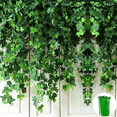 Afbeelding van 12 stuks van 84Ft kunstmatige klimop krans nep wijnstok planten anti ultraviolet groen blad opknoping voor bruiloft tuin huis wanddecoratie gratis groene bevestigingsriem