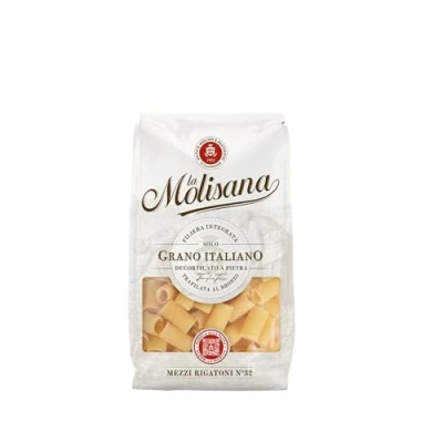 Afbeelding van La Molisana, Mezzi Rigatoni nr. 32, pasta van Solo Italiaanse korrel, brons, ruw en hardnekkig met uitstekende afdichting bij het koken, pak 500 g