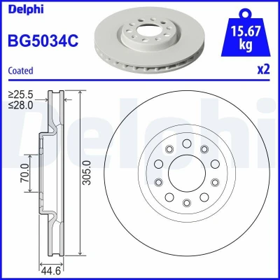 Afbeelding van DELPHI BG5034C Remschijf 305 28 5 Geventileerd Gecoat Semi finished Zonder wiellager, ABS sensorring ALFA ROMEO: Giulia Saloon