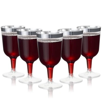 Afbeelding van MATANA 24 Herbruikbare Plastic Wijnglazen 170ml met Zilveren Rand