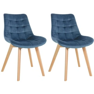 Afbeelding van CLP Brook Set van 2 eetkamerstoelen Hout frame Fluweel Velvet blauw