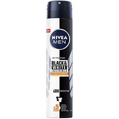 Image de NIVEA MEN déodorant Spray Black &amp; White Ultimate Impact (1 x 200 ml), homme anti traces blanches et jaunes, transpirant odeur humidité, protection efficace 72 h, sans alcool