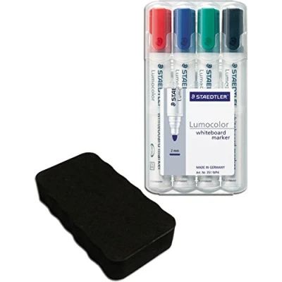 Afbeelding van Staedtler Lumocolor 351 WP4 Whiteboard marker met wisser (pennen + zwarte 1) 4 stuks