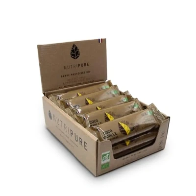 Afbeelding van Nutripure Raw Bio Reep Voedingsreep Gezond en lekker Rijk aan vitaminen mineralen Veganistisch, rauw Zonder toegevoegde suiker conserveringsmiddelen 6 ingrediënten kokos vanille