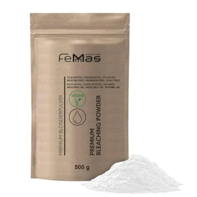 Afbeelding van FemMas Hoogwaardig bleekpoeder, 500 g, veganistisch, stofvrij en extra sterk met voedende oliën, zachte blonding tot 9 tinten, dierproefvrij
