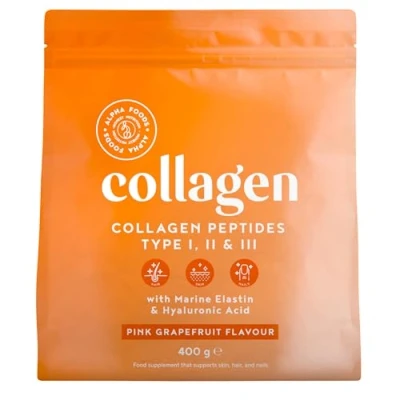 Afbeelding van Alpha Foods Collageen poeder met Hyaluronzuur &amp; Elastine Collagen peptides type 1, 2 en 3, drink supplement van 400 gram voor 26 shakes of porties, Pompelmoes smaak