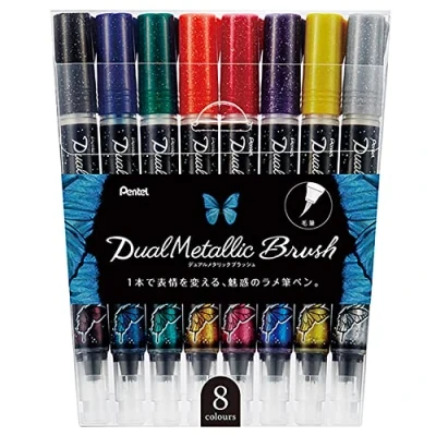 Afbeelding van Pentel GFH D8ST Dual Metallic Brush pennen met metalen punt, gevuld papierkleur, glitterinkt, nylonvezel, verschillende kleuren, 8 stuks