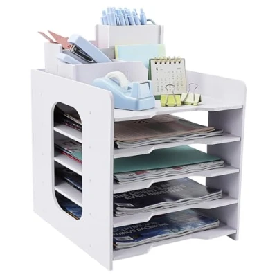 Afbeelding van IOUGDSEC Brievenbak met archiefbladen, 5 laags documentenvak penhouder voor kantoor, bureau organizer, A4, aktetas thuis, school, wit