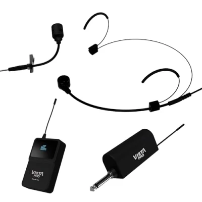Afbeelding van Vieta Pro Twee draadloze RF microfoons met lage interferentie. Flip microfoon + verstelbare ergonomische hoofdband USB C, jack en miniack Party Mic Twin Performance Vlogs