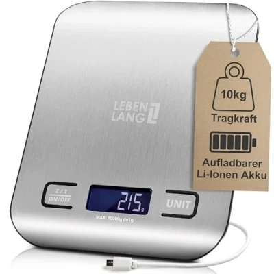 Afbeelding van LEBENLANG Balance de cuisine numérique rechargeable par USB Jusqu&#039;à 10 kg avec câble charge I précise Food &amp; Kitchen