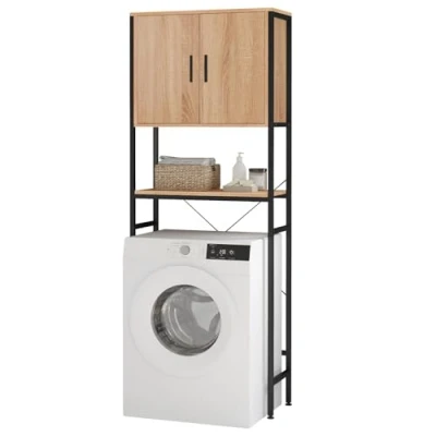 Afbeelding van EUGAD Wasmachinekast, rek boven de wasmachine, toiletrek, toiletrek met verstelbare plank, badkamerrek van hout afgeleid metaal, 64,5 x 170 cm