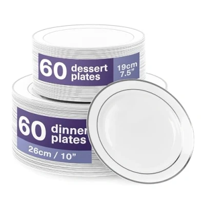 Afbeelding van MATANA 120 Premium Witte Plastic Borden met Zilveren Rand voor Bruiloften, Verjaardagen, Doopfeesten, Kerstmis en Feesten (2 Maten: 60 x26 cm, x19 cm) Stevig, Stijve Herbruikbaar