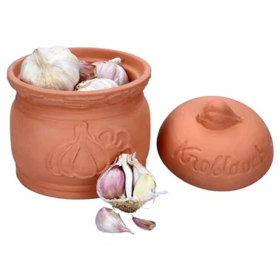 Afbeelding van MamboCat Terra Knoflookpot van terracotta, diameter 12,8 cm, kleipot met deksel voor je keuken, elegante opbergdoos reliëf en spreuk, ideaal opslag