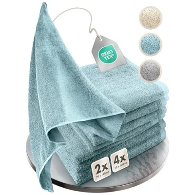 Afbeelding van Handdoekenset, zacht en absorberend, 100% katoen, Oeko Tex 100 gecertificeerd (2 badhanddoeken + 4 handdoeken, turquoise)