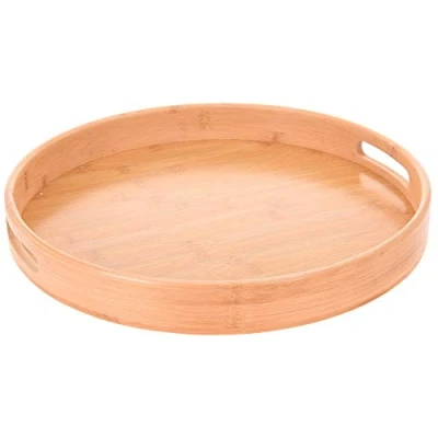 Afbeelding van Ronde bamboe houten dienblad met handvaten 40 cm Serveerblad