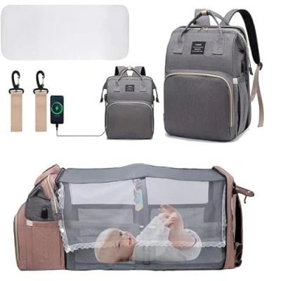 Afbeelding van YUDOXN luierrugzak voor baby&#039;s, draagbare wieg, opvouwbaar, multifunctionele organizer met aankleedkussen, grijs.