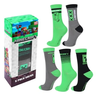 Afbeelding van Minecraft Creeper Sportsokken voor jongens, verpakking van 3 of 5 paar, met geschenkverpakking, hoog katoengehalte, Groen