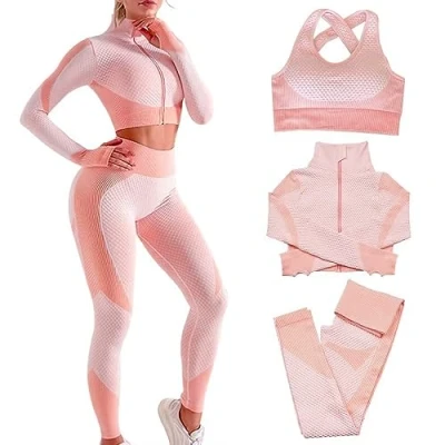 Afbeelding van Veriliss Sportkleding voor dames, 3 delig, trainingspak, set, beha, sportleggings, yoga, sportkleding, fitness, trainingsset, sportoutfits, Roze