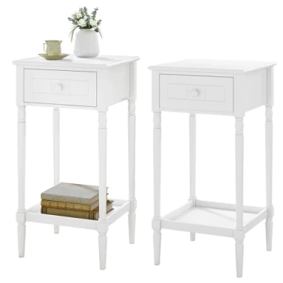 Afbeelding van WOLTU Set van 2 hoge nachtkastjes met lade en open plank, banktafel 35 x 70,5 cm, witte woonkamertafel voor slaapkamer, woonkamer, barokstijl, massief houten poten