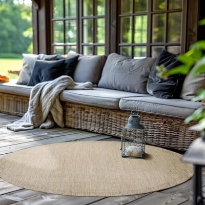 Afbeelding van SIMPEX Buitentapijt, rond, voor terras, balkon, tuin, keuken, effen design, weerbestendig, sisal look, afwasbaar, maat:160 cm kleur:beige