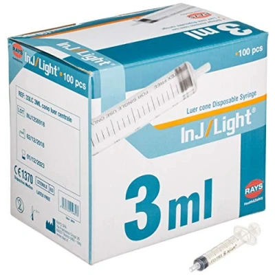 Afbeelding van Rays INJ/LIGHT 100 stuks spuiten zonder naald, centrale kegel Luer, steriel, wegwerp, latexvrij, volume 3 ml