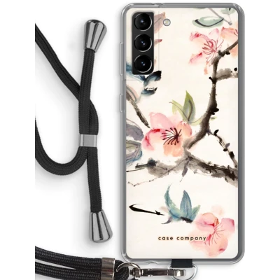 Afbeelding van Case Company® hoesje met Koord geschikt voor Samsung Galaxy S21 Plus Japanse bloemen Telefoonhoesje Zwart Bescherming aan alle Kanten en Over de Schermrand