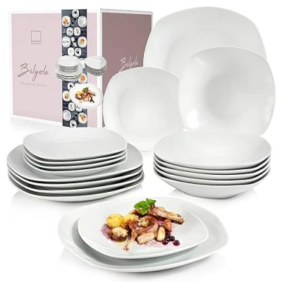 Afbeelding van Sänger tafelservies Bilgola. 18 delige serviesset voor 6 personen, witte bordenset van porselein met dinerbord, soepkom en dessertbord, servies afgeronde hoeken in elegant design