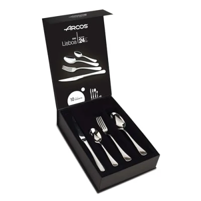 Afbeelding van Arcos Serie Lisboa 24 delige bestekset in geschenkdoos (6 messen + 12 lepels 6 vorken) monoblock uit één stuk roestvrij staal zilver