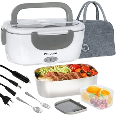 Afbeelding van Poligono elektrische lunchbox, draagbare lunchbox voor thuis en in de auto, container van roestvrij staal 304 (220 V, 12 1,5 l), grijs