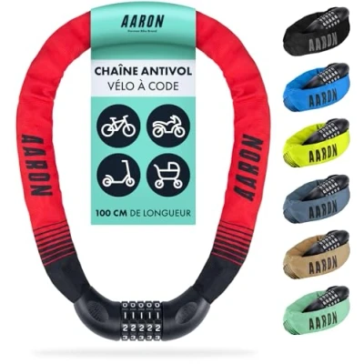 Afbeelding van AARON Lock One fietsslot met 5 cijferige cijfercode, kettingslot van staal en hoog veiligheidsniveau, voor e bike, mountainbike, trekkingfiets, rood