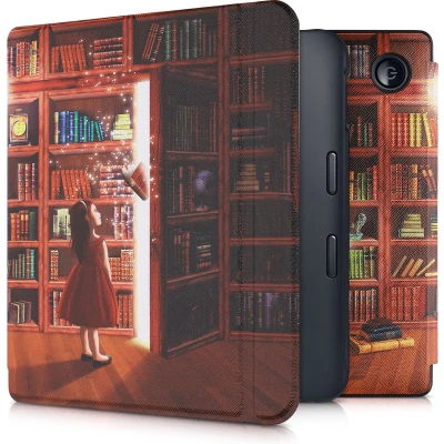 Afbeelding van kwmobile E reader hoesje geschikt voor Kobo Libra 2 hoes flip case met magnetische sluiting Ereader cover Magische Bibliotheek design in meerkleurig